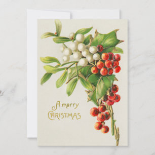 Tarjeta Festiva Vintage Merry Christmas Red & White Holly Berries