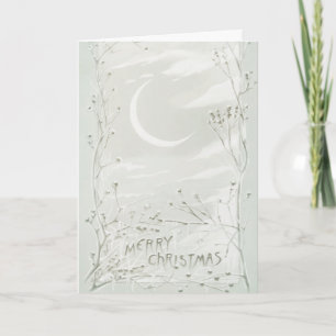 Tarjeta Festiva Vintage Merry Christmas Tree Moon Sky Snow
