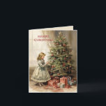Tarjeta Festiva Vintage Merry Christmas Tree Regalos Chicas<br><div class="desc">Tarjeta de saludo de vacaciones doblada con una pintura vintage de un chica decorando un árbol de Navidad con regalos envueltos debajo. El texto dice "Feliz Navidad" pero es personalizable para tu propio saludo. Personalizado en la parte posterior con su mensaje y nombre. Comuníquese conmigo para obtener ayuda con su...</div>
