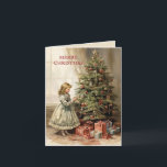 Tarjeta Festiva Vintage Merry Christmas Tree Regalos Chicas<br><div class="desc">Tarjeta de saludo de vacaciones doblada con una pintura vintage de un chica decorando un árbol de Navidad con regalos envueltos debajo. El texto dice "Feliz Navidad" pero es personalizable para tu propio saludo. Personalizado en la parte posterior con su mensaje y nombre. Comuníquese conmigo para obtener ayuda con su...</div>