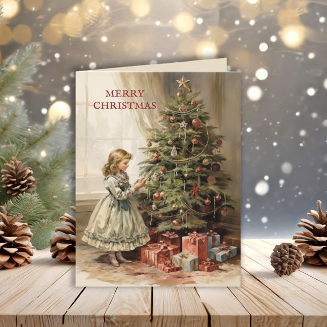 Tarjeta Festiva Vintage Merry Christmas Tree Regalos Chicas (Vintage Christmas folded greeting card)