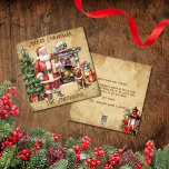 Tarjeta Festiva Vintage Merry Christmas Tree Santa Claus Perros Re<br><div class="desc">Personalizar, personaliza y envía a tu familia y amigos una tarjeta de vacaciones de Feliz Navidad intemporal y clásica con una magnífica escena de Navidades con Santa Claus sosteniendo un regalo, parado junto a un hermoso árbol de Navidad, una hermosa chimenea decorada en el fondo con una casa en la...</div>