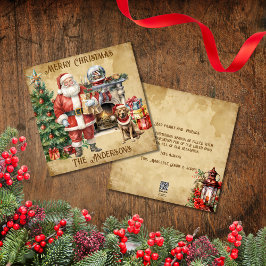 Tarjeta Festiva Vintage Merry Christmas Tree Santa Claus Perros Re