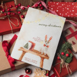 Tarjeta Festiva Vintage Merry Christmas Water Dog Minimalista<br><div class="desc">Descanse del resto de las tarjetas de vacaciones de esta temporada con este bonito y caprichoso diseño navideño que incluye un adorable perro con cuernos de Navidad y una corbata de arco festividad sentada en un banco rústico con almohadas de vacaciones a su lado. Las palabras, "Feliz Navidad, la familia...</div>