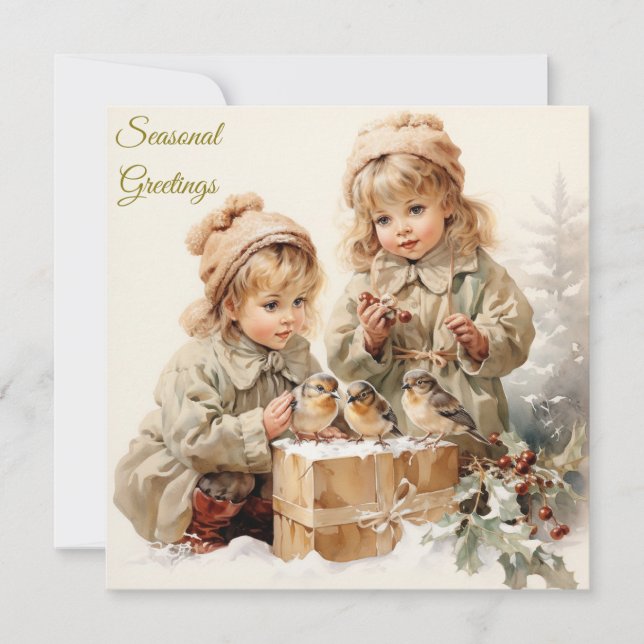 Tarjeta Festiva Vintage Nature Navidades Niños con Aves (Anverso)