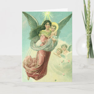 Tarjeta Festiva Vintage Navidad: Ángeles victorianos, paz y alegrí