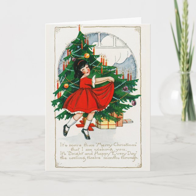 Tarjeta Festiva Vintage navidad, Chica y regalo (Anverso)