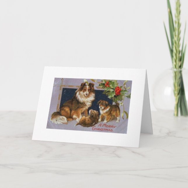 Tarjeta Festiva Vintage - Navidades Collie Dogs, (Anverso)