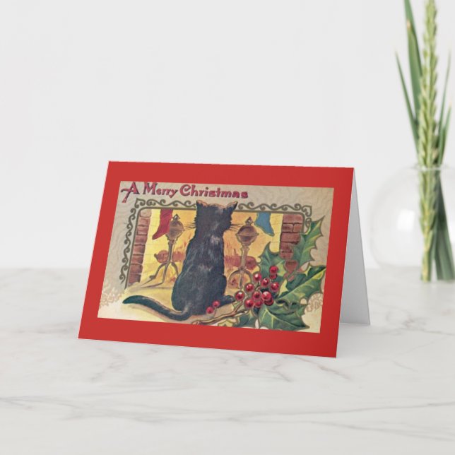 Tarjeta Festiva Vintage - Navidades Fireside Cat, (Anverso)