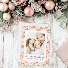 Tarjeta Festiva Vintage Navidades florales rosas planas