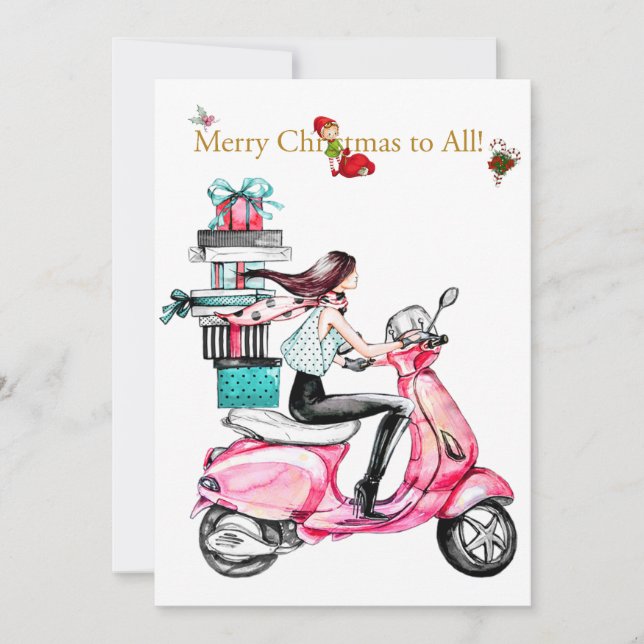 Tarjeta Festiva Vintage navideña en una moto rosa (Anverso)
