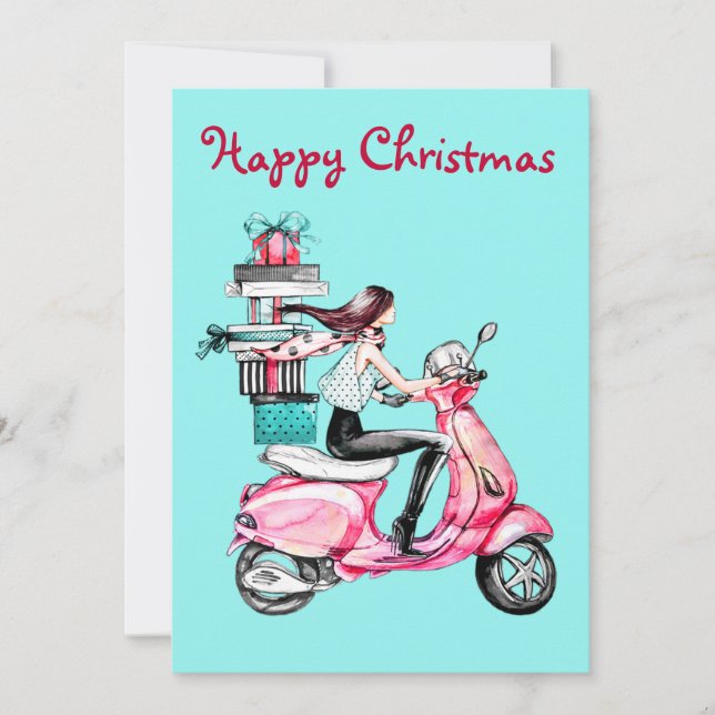 Tarjeta Festiva Vintage navideña en una moto rosa (Anverso)