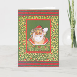 Tarjeta Festiva “Vintage Papá Noel con Ilex”, rojiverde