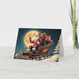 Tarjeta Festiva Vintage Papá Noel en el Sleigh, luna llena