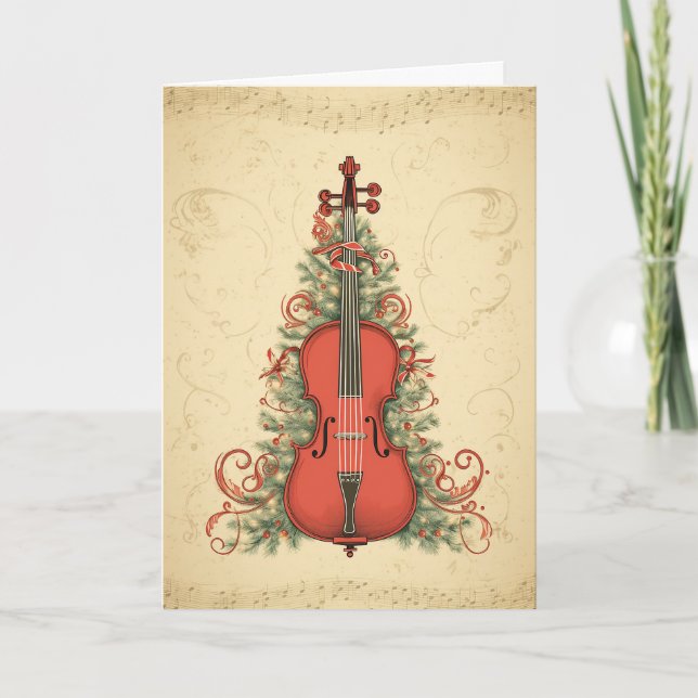 Tarjeta Festiva Vintage Parchment Navidades Música y Cello (Anverso)