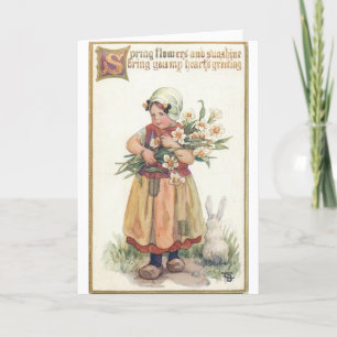 Tarjeta Festiva Vintage Pascua - chica holandés con los narcisos,