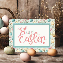 Tarjeta Festiva Vintage Pastel Easter Eggs Feliz Easter Bunny Ears