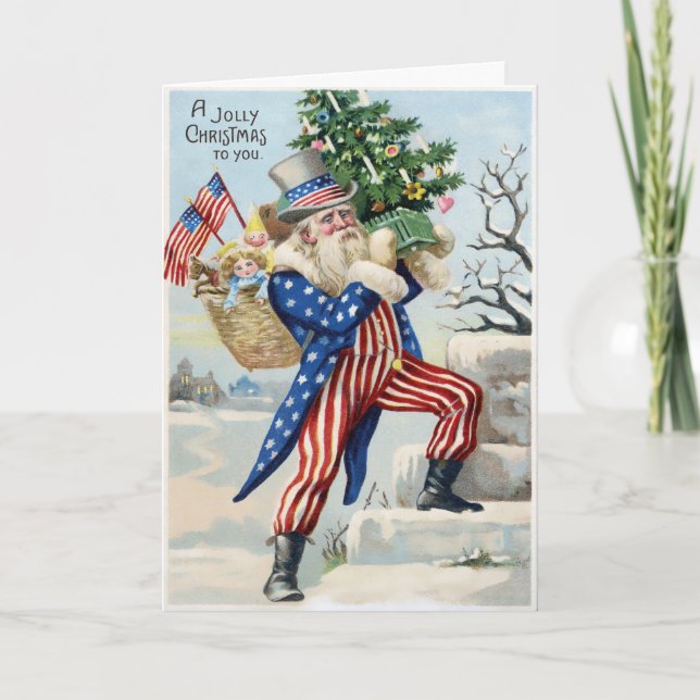 Tarjeta Festiva Vintage Patriotic Santa Holiday Card (Anverso)