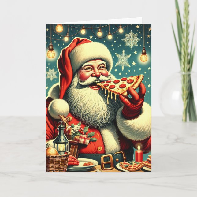 Tarjeta Festiva Vintage Pizza Santa Claus (Anverso)
