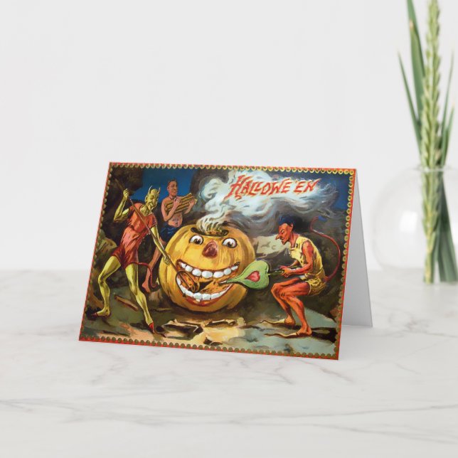 Tarjeta Festiva Vintage Pumpkin Devils Halloween Card (Anverso)