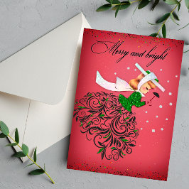 Tarjeta Festiva Vintage purpurina verde chica de bufanda