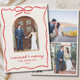 Tarjeta Festiva Vintage Red Bow Casado y Merry 4 Photo Boda