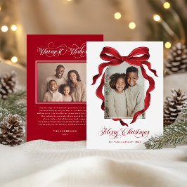 Tarjeta Festiva Vintage Red Bow Custom Photo Christmas Holiday