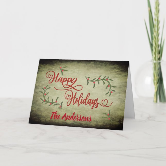 Tarjeta Festiva Vintage Red calligraphy Happy Holidays holly (Anverso)