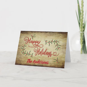 Tarjeta Festiva Vintage Red calligraphy Happy Holidays holly