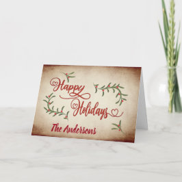 Tarjeta Festiva Vintage Red calligraphy Happy Holidays holly
