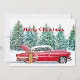 Tarjeta Festiva Vintage Red Car Sled Navidades Flat