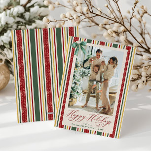 Tarjeta Festiva Vintage Red Green Stripes Bow Happy Holidays