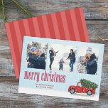 Tarjeta Festiva Vintage Red Truck Christmas Photo Card 3 Photo<br><div class="desc">Una fantástica escena de invierno de un camión rojo vintage que regresa del bosque o del árbol de Navidad con el árbol de Navidad de este año en la nieve. Esta linda tarjeta de fotos de Navidad mostraba un camión rojo rústico en la parte trasera y una plantilla de fotos...</div>