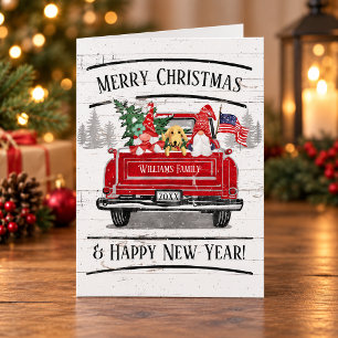 Tarjeta Festiva Vintage Red Truck Gnome Pareja Perro Patriótico