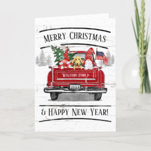 Tarjeta Festiva Vintage Red Truck Gnome Pareja Perro Patriótico