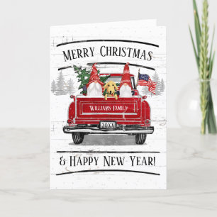 Tarjeta Festiva Vintage Red Truck Gnomes Dog Patriotic Navidades