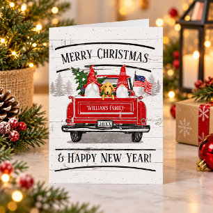 Tarjeta Festiva Vintage Red Truck Gnomes Dog Patriotic Navidades