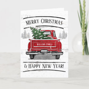 Tarjeta Festiva Vintage Red Truck Merry Christmas Family Photo
