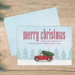 Tarjeta Festiva Vintage Red Truck Merry Christmas Whimsical<br><div class="desc">Una fantástica escena de invierno de un camión rojo vintage que regresa del bosque o del árbol de Navidad con el árbol de Navidad de este año en la nieve. Esta bonita tarjeta de fotos de Navidad mostraba un camión rojo rústico y Navidades un camión rojo vintage moderno, simple y...</div>