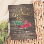 Tarjeta Festiva Vintage Red Truck & Plaid Rustic Christmas Party<br><div class="desc">Invite your friends, family, and colleagues in style with this rustic-themed Christmas party invite! The design features a hand-painted vintage red truck carrying a Christmas tree adorned with a big red bow and wreath against a background of brown weathered wood slats. Above the truck, behind it - to give a...</div>