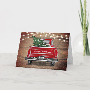 Tarjeta Festiva Vintage Red Truck Rustic String ilumina a Navidade