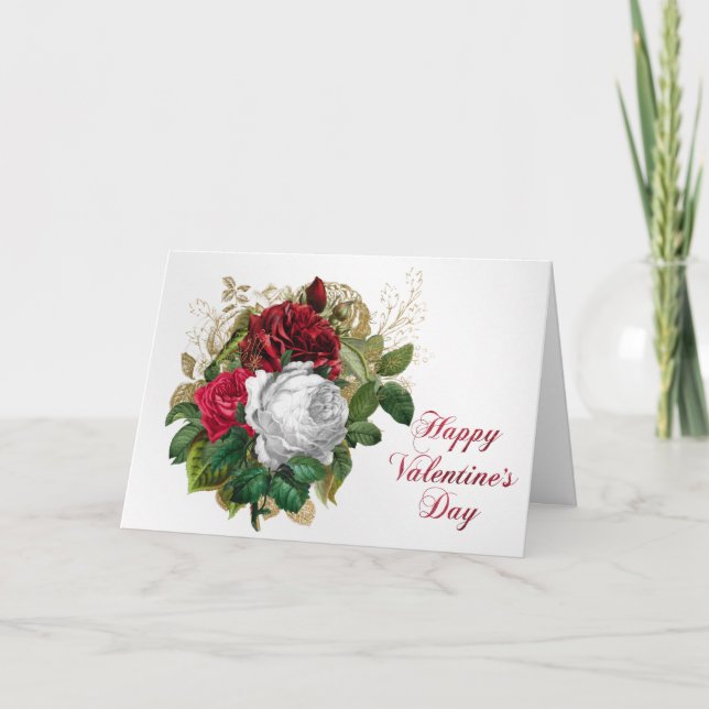 Tarjeta Festiva Vintage Red White Rose Bouquet Valentine (Anverso)