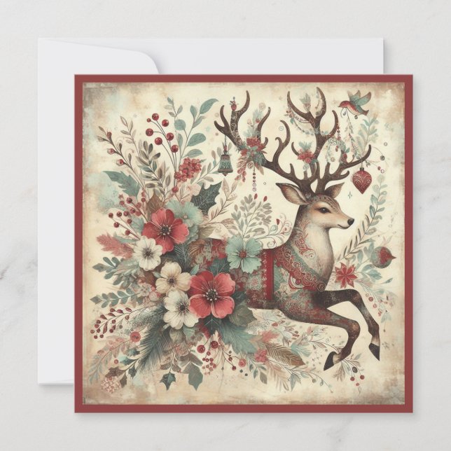 Tarjeta Festiva Vintage Reindeer Merry Christmas (Anverso)