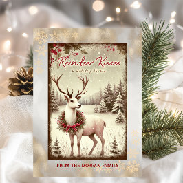 Tarjeta Festiva Vintage Reindeer Winter Forest Gold Holiday Card