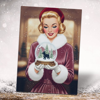 Tarjeta Festiva Vintage Retro Christmas Woman and Snow Globe