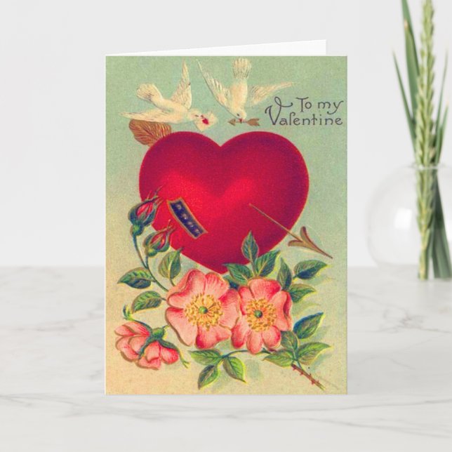 Tarjeta Festiva Vintage Retro Doves Hearts Valentine Card (Anverso)