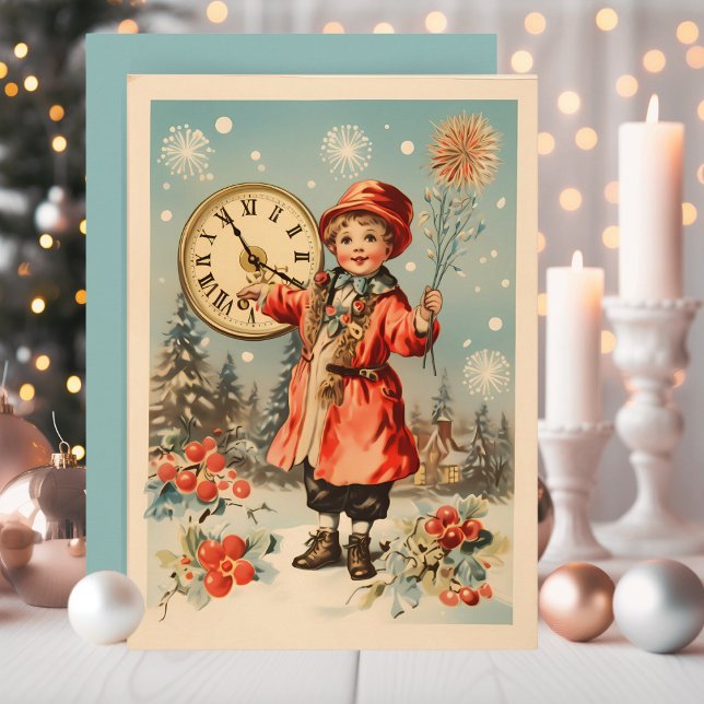 Tarjeta Festiva Vintage Retro Feliz Año Nuevo Personalizado (Vintage Retro Happy New Year Custom Holiday Card. Just add your name and a personal message!)