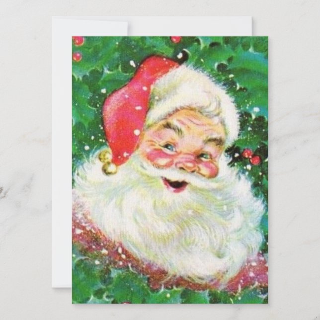 Tarjeta Festiva Vintage Retro Jolly Holly Santa Claus (Anverso)