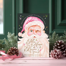 Vintage retro Merry & Pink Watercolor Santa Claus