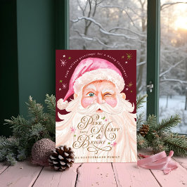 Tarjeta Festiva Vintage retro Merry & Pink Watercolor Santa Claus